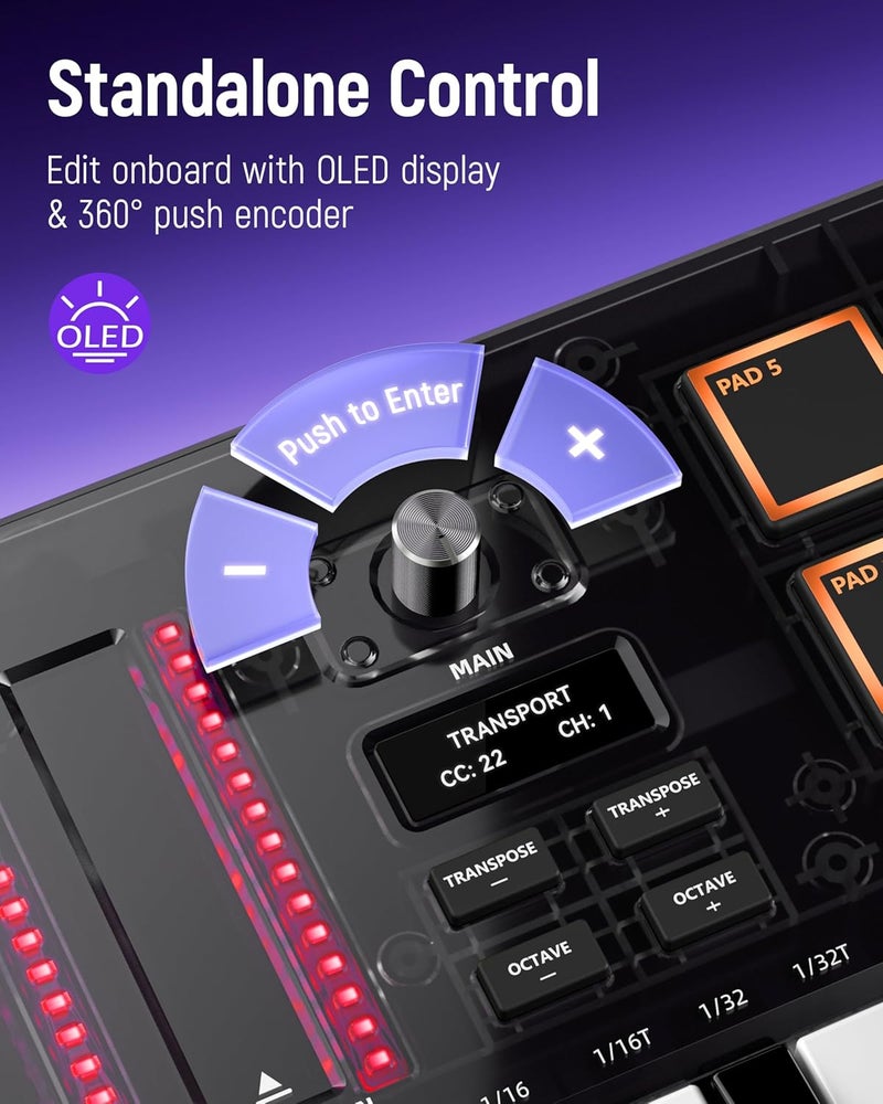 Synido 25 Key USB MIDI Keyboard Controller with 8 Drum Pads, Professional Mini Midi Keyboard with OLED Screen, Beat Maker Machine for Music Production, Black, TempoKey K25 - Image 3